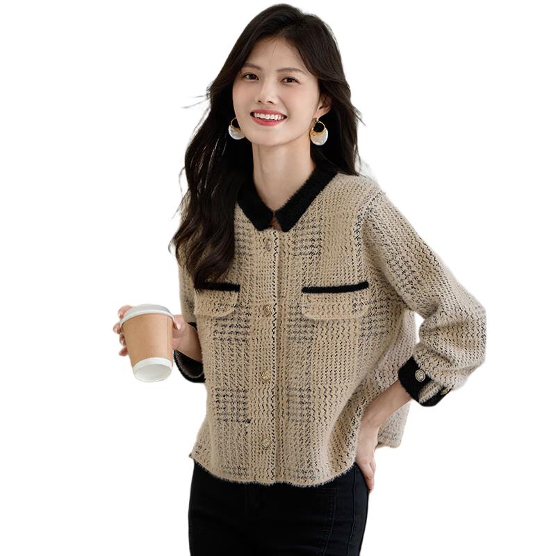 她享短外套女小立领小香风高级感针织开衫外套时尚洋气上衣T143U3001