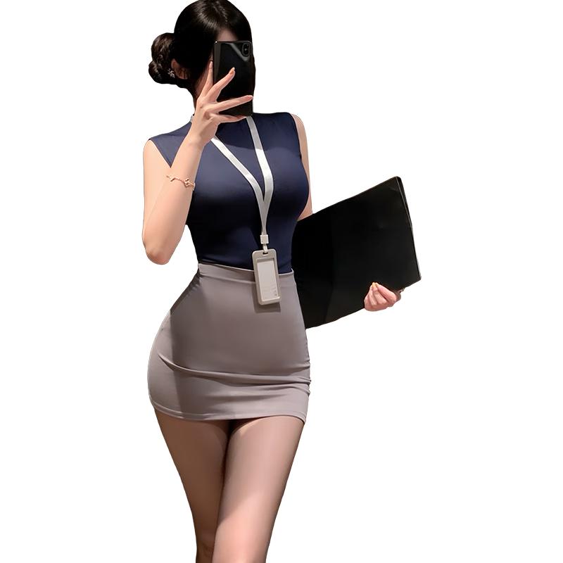 Fee et moi情趣秘书制服ol职业套装包臀裙装内衣性感夫妻刺激诱惑商务 蓝灰【上衣+包臀裙+T裤+工牌】 均码【请根据表购买】