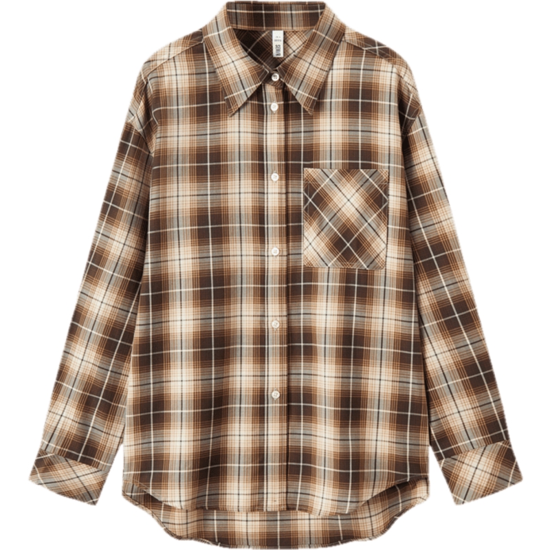 森马长袖衬衫女中长款慵懒宽松落肩休闲秋季chic复古格纹衬衣潮流