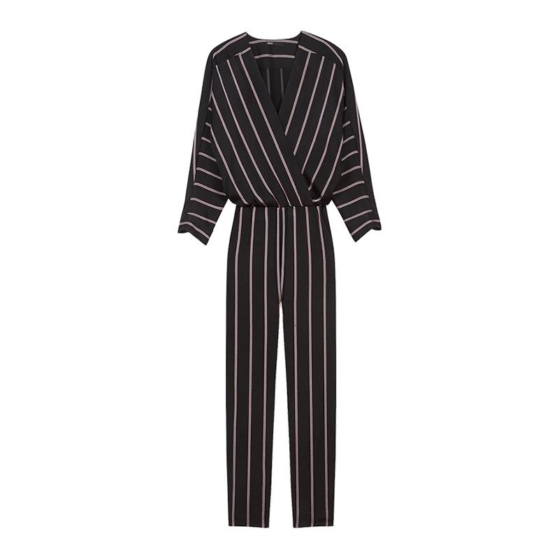 MAJE 秋季时尚靓丽条纹拼接交叉V领连体裤休闲裤通勤显瘦