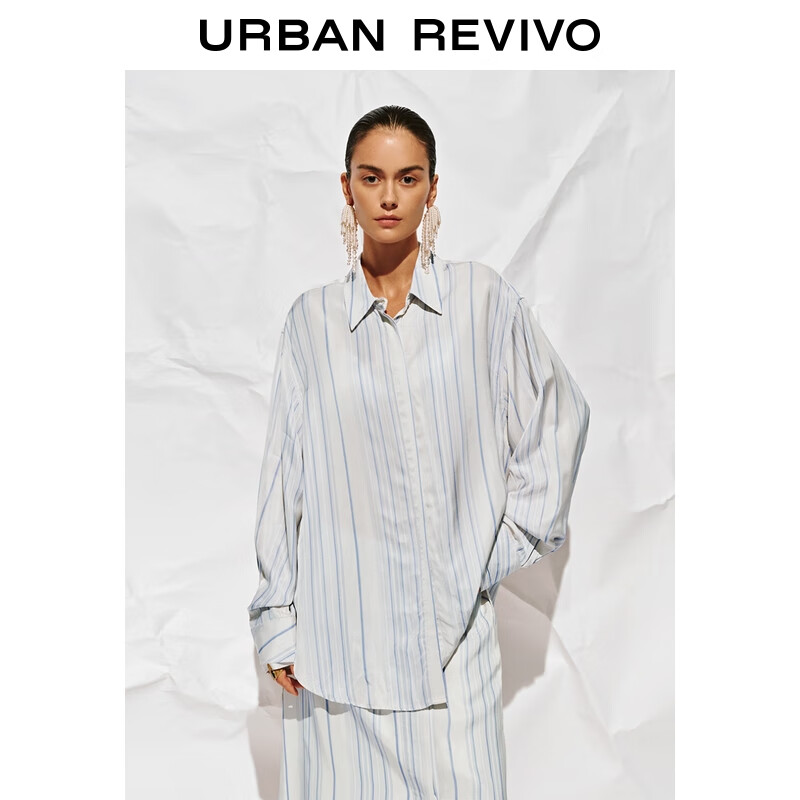 UR2025秋季女装时尚简约通勤撞色条纹开襟衬衫UWU250018 紫蓝条纹 (偏宽松) XS