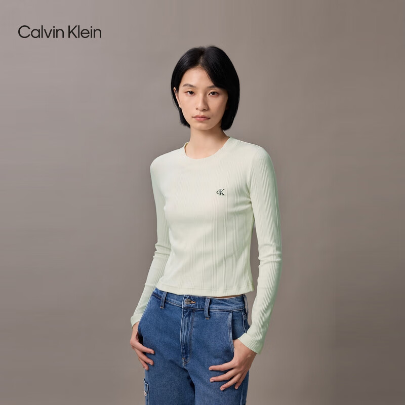 Calvin KleinJeans25秋季新款女士简约字母ck辣妹正肩罗纹打底长袖T恤47D260G