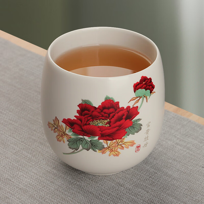 易信陶瓷腰鼓杯喝茶杯单杯花绘喝水杯家用主人杯个人小茶杯 富贵牡丹腰鼓杯
