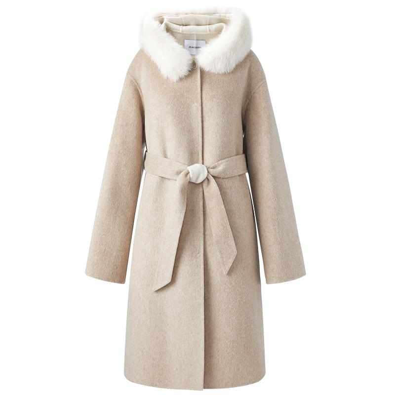 太平鸟毛领连帽全羊毛双面呢大衣女冬装外套