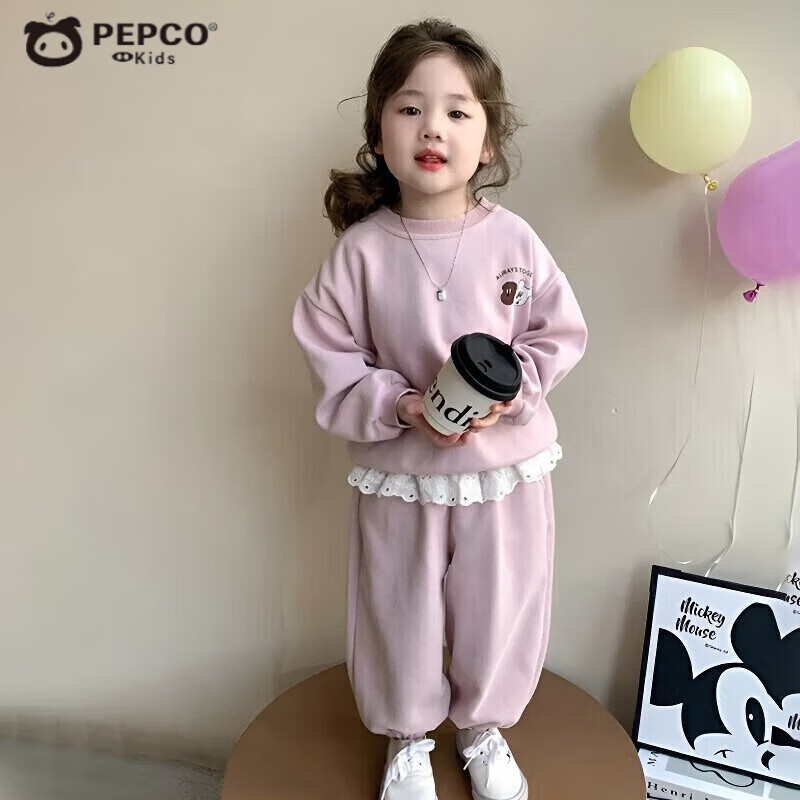 小猪班纳（PEPCO）女童卫衣套装可爱卡通印花秋季儿童洋气秋装宝宝屁帘裤两件套 KB双狗印花套装-粉色 130 (身高115-125cm)
