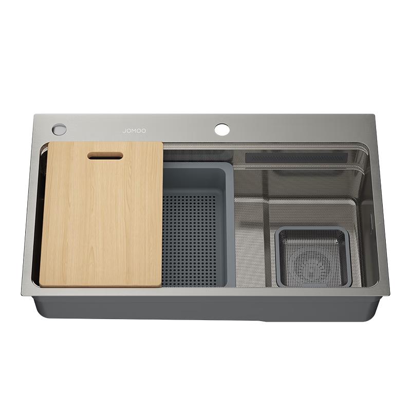 九牧（JOMOO）不锈钢魔法师压纹飞雨水槽大单槽滤渣洗菜盆75*48抽拉龙头06588