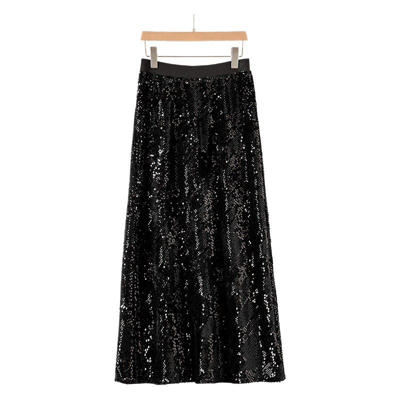 晚白2025秋款轻熟时尚亮片半裙气质高腰松紧腰半身裙 黑色 M