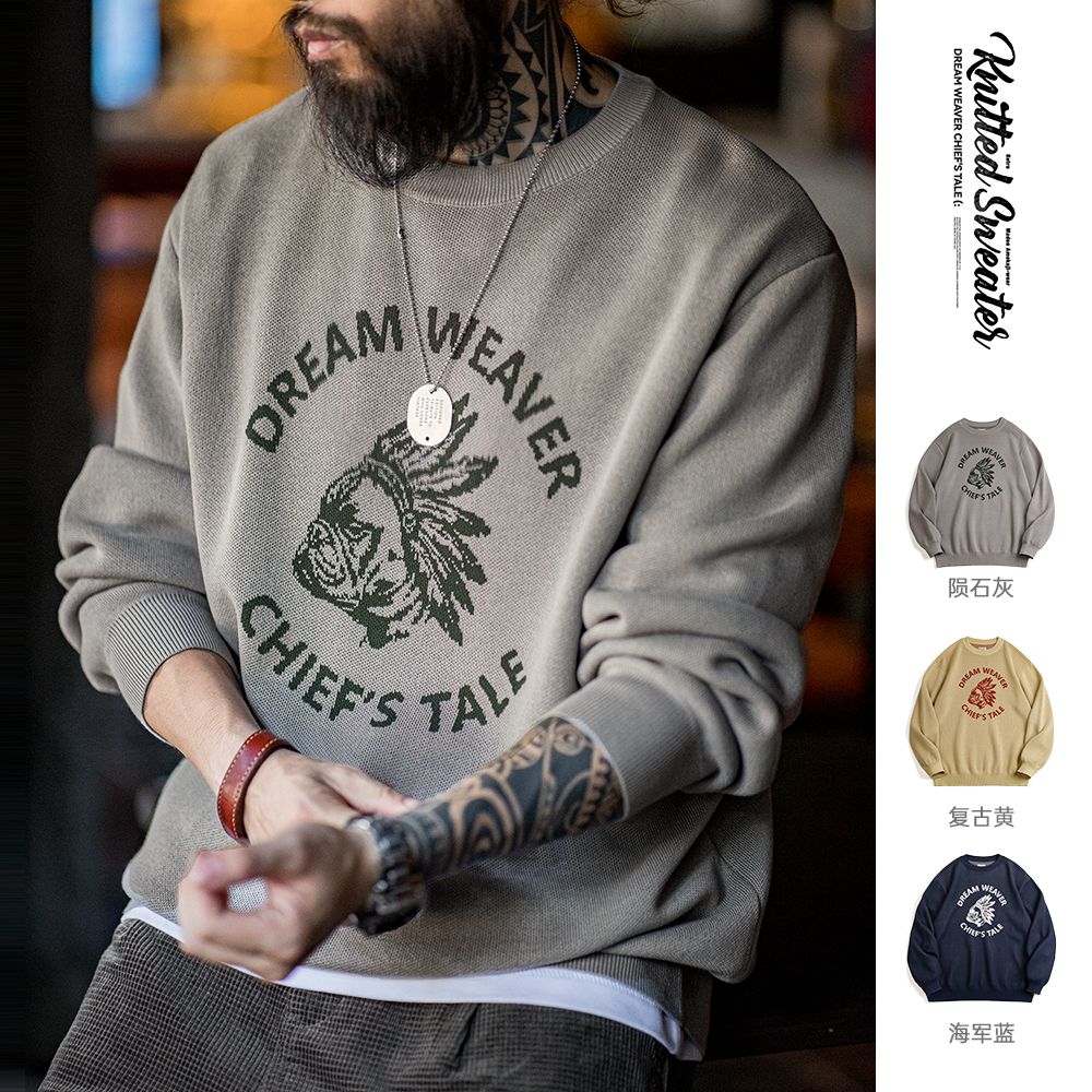 马登工装美式复古仿亚麻字母撞色毛衣阿美咔叽套头圆领针织衫男秋