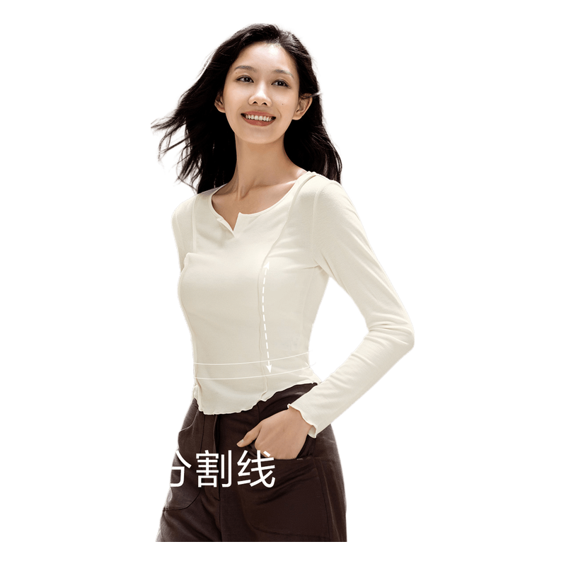 森马长袖T恤女短款紧身显瘦小心机2024秋气质木耳边上衣简约