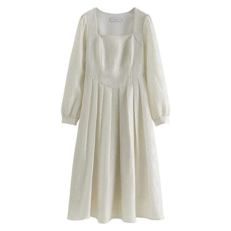 独束大码女装浪漫氛围感复古连衣裙秋装法式方领白色飘逸裙子 流光白 L