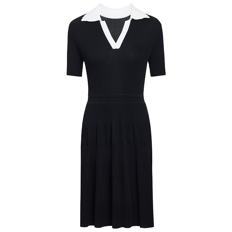 欧时力 夏装 气质收腰显瘦坑条裙polo针织连衣裙