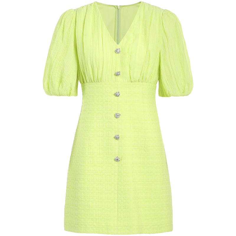 夏装 饰扣V领泡泡袖宫廷风短袖连衣裙