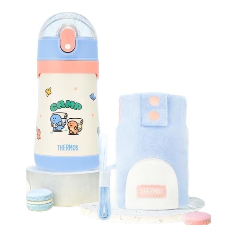 膳魔师儿童保温杯小恐龙幼儿园宝宝吸管杯水壶上学喝水杯子24年 蓝黄 320ml （吸管杯+杯套）TCKE