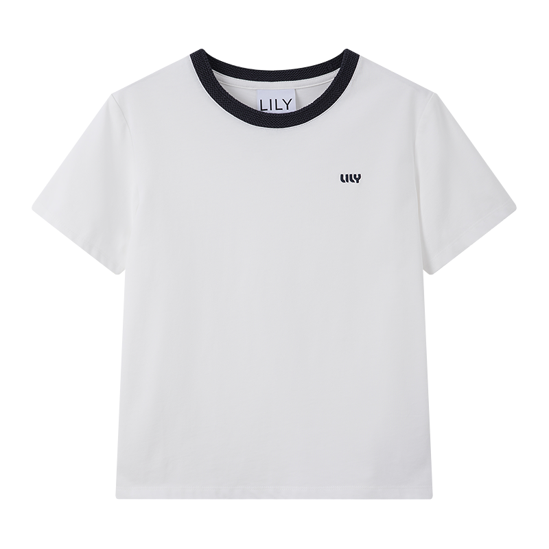 LILY 【2025秋季】纯棉撞色针织圆领正肩休闲通勤白色短袖T恤女上衣