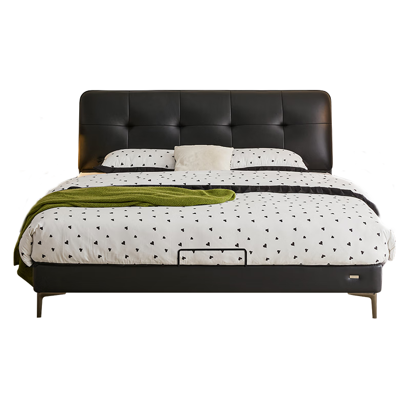 全友家居意式简约风头层牛皮床头软包靠背卧室1.8米×2米真皮双人大床 牛皮|单床(京仓闪发)