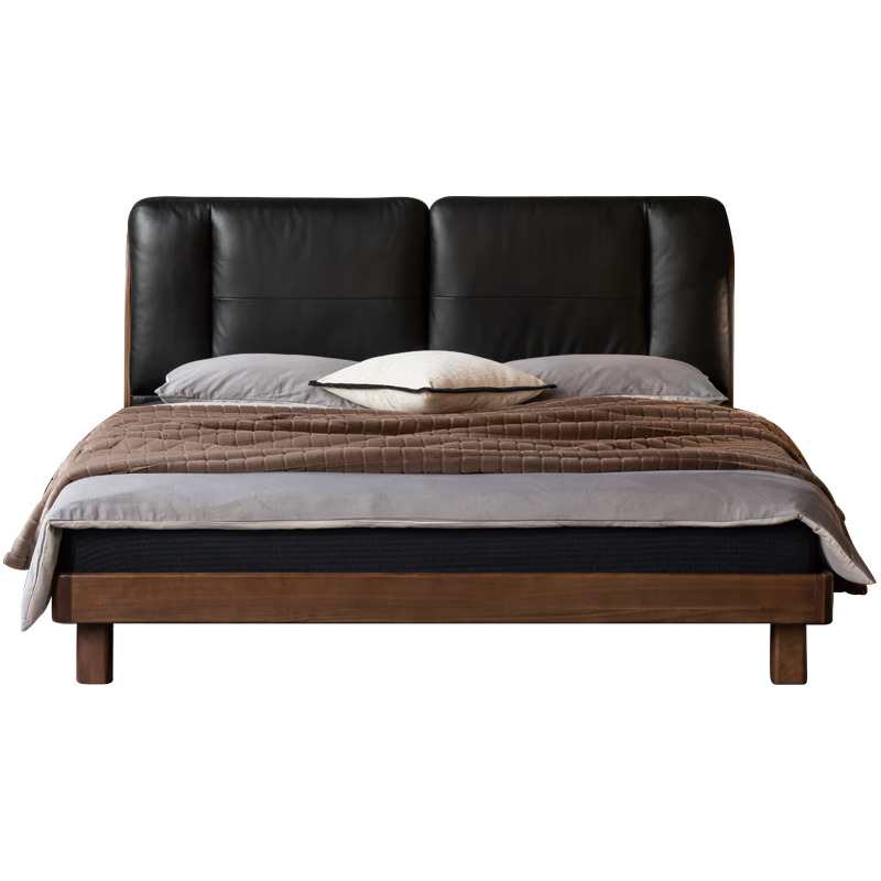 源氏木语实木床黑胡桃木双人床轻奢风软靠床真皮软包床1.8*2m黑色京享家 云帆·软靠床黑色|不含床垫