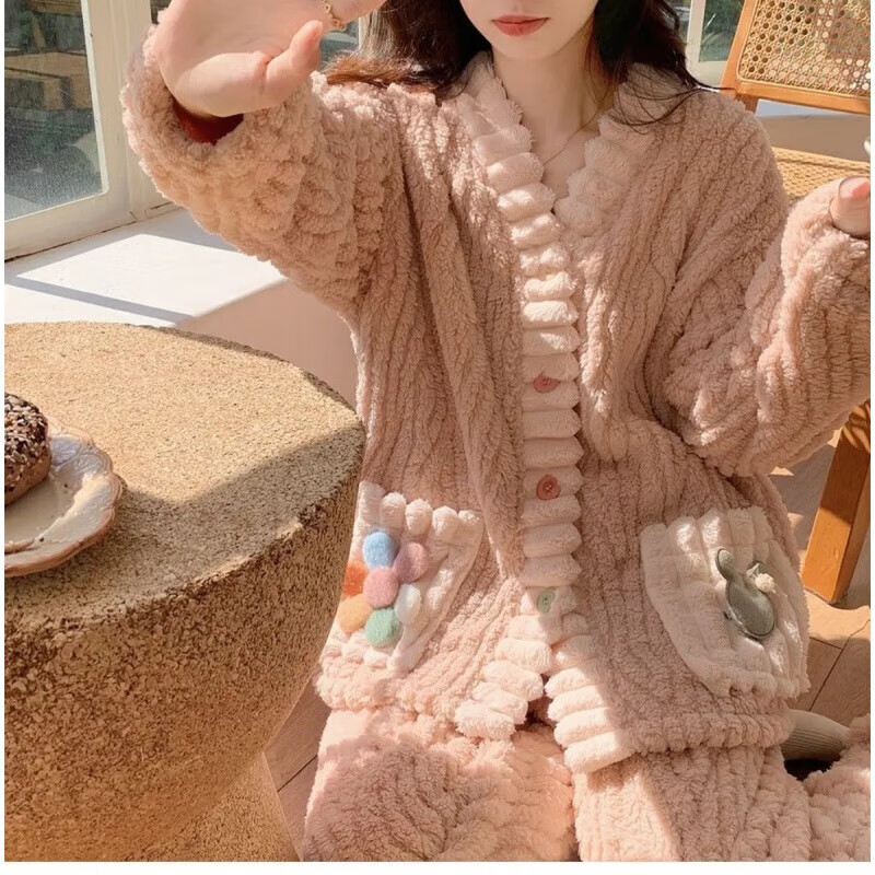 宝娜斯（BONAS）可爱花边睡衣宽松甜美法兰绒印花蝴蝶结加厚居家服可外穿套装 彩虹套装-粉色 均码 （适合80-140）