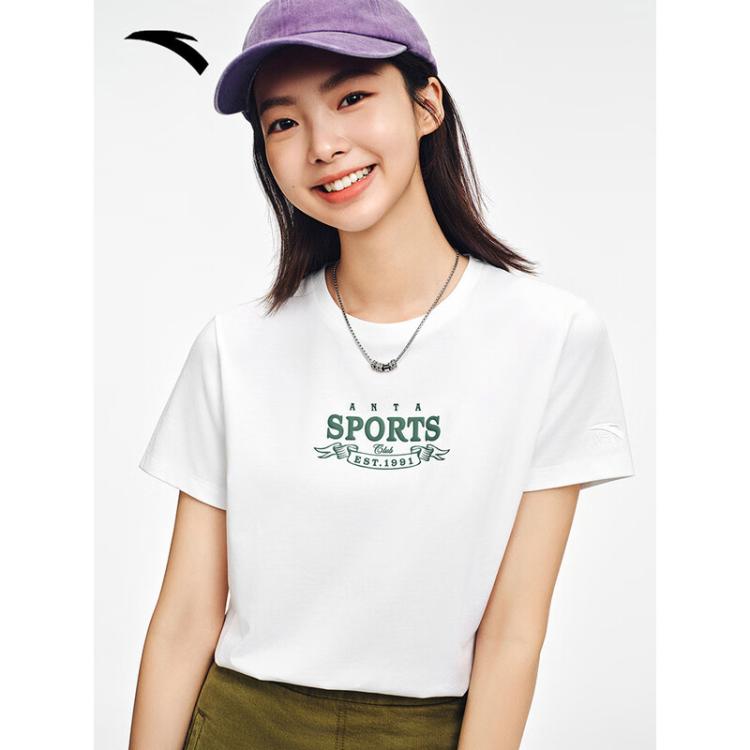 安踏 冰丝休闲短袖t恤 女夏季优可丝休闲百搭圆领印花运动短T