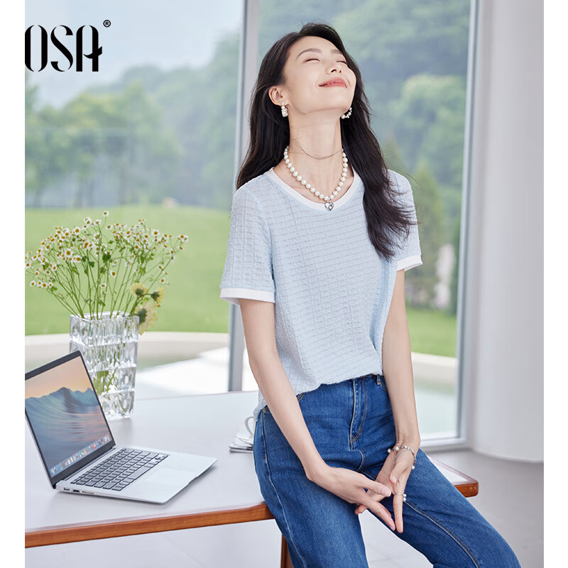 欧莎撞色圆领肌理感短袖T恤女2025年夏季新款通勤百搭气质上衣 蓝色 S (90-100斤)