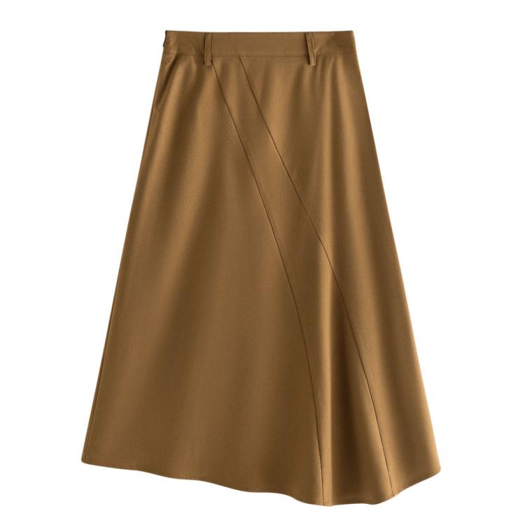 茵曼 卡其色垂感半身裙女春秋款高腰不规则显瘦a字长裙子