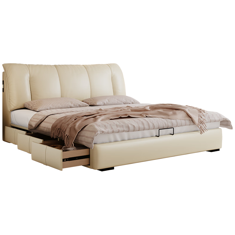 卡尔适高箱三抽储物床极简奶油主卧床1米8双人床复古风霸道真皮床 框架床【10CM钢木架】 【S级头层黄牛皮】1.8*2.0M