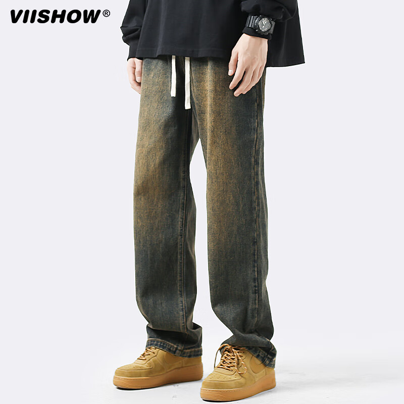 viishow美式复古蓝牛仔裤男秋季美式高街潮牌长裤宽松水洗做旧直筒裤