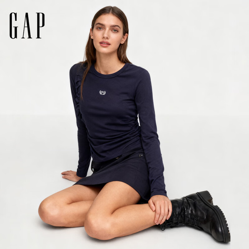 盖璞Gap女装2025秋季新款logo刺绣修身抽褶长袖T恤休闲上衣834688 海军蓝