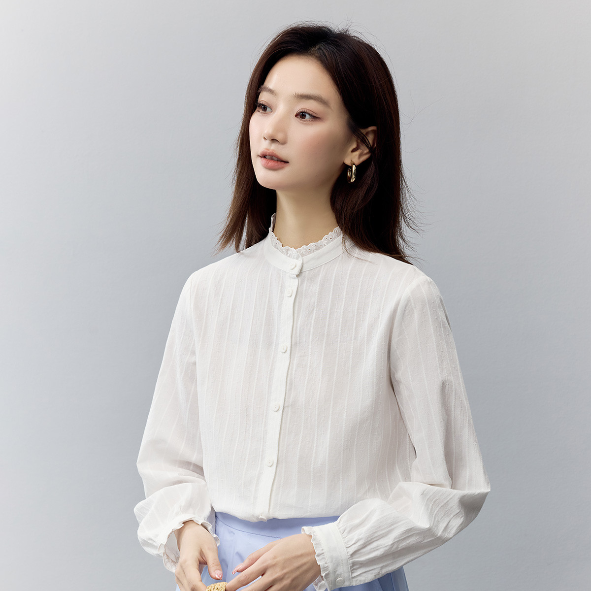 纯棉法式通勤花边立领衬衫女2025春季气质高级感时尚长袖衬衣