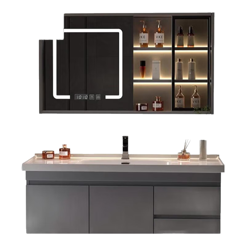 JOMOO九牧舰旗橡木浴室柜洗手盆柜组合一体盆卫生间卫浴洗漱台悬挂式 星空灰80智能半镜柜陶瓷一体盆