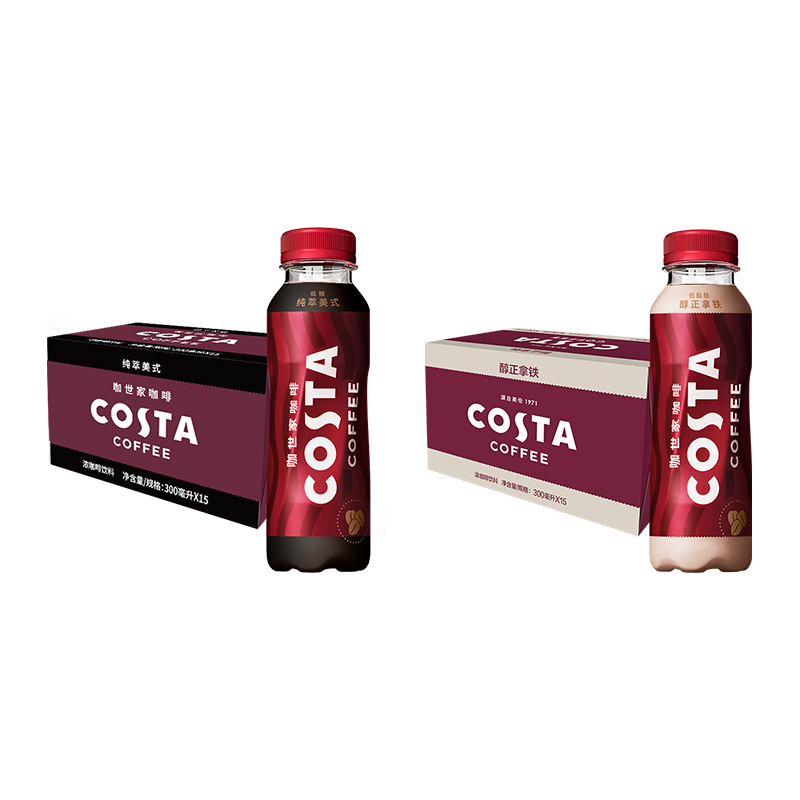 COSTA咖世家纯萃美式+醇正拿铁 即饮咖啡300ml*15瓶*2箱组合装 组合装300ml*30瓶
