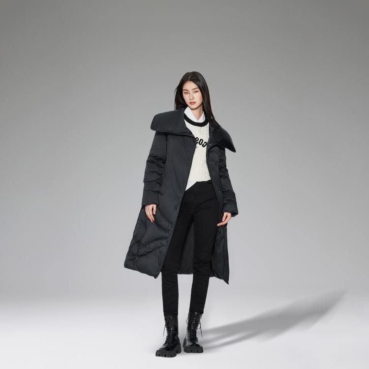 秋装中长款翻领保暖羽绒服外套女配腰带