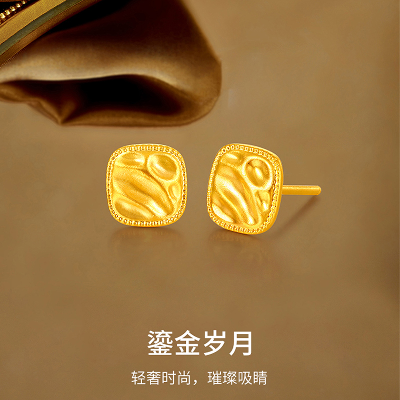 【大链接】梦金园古法黄金耳钉女鎏金岁月足金999方糖金耳饰