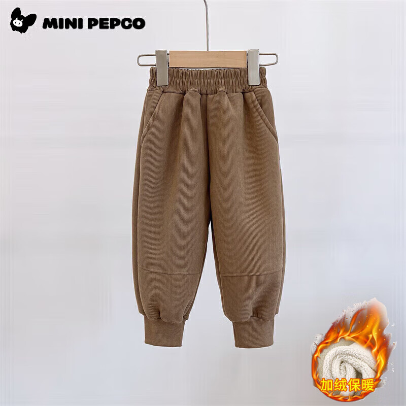 小猪班纳（PEPCO）儿童秋冬加绒裤子男女童保暖外穿裤2025男童宽松韩版休闲系带 灯芯绒裤子卡其 150 cm【135-145】