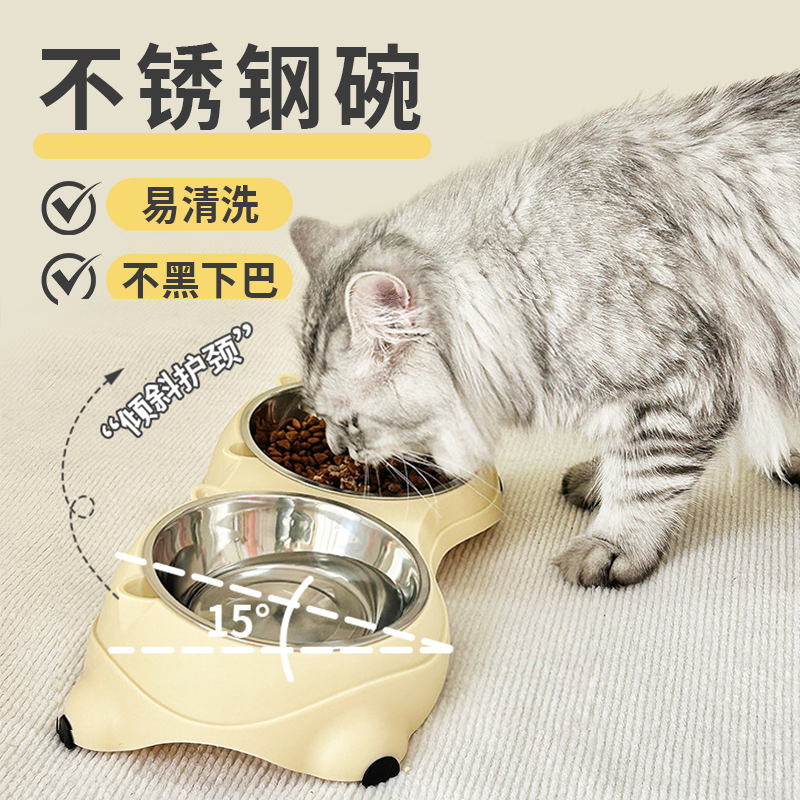 不锈钢猫碗狗碗防打翻宠物碗双碗食盆猫咪粮盆喝水一体喂食器碗