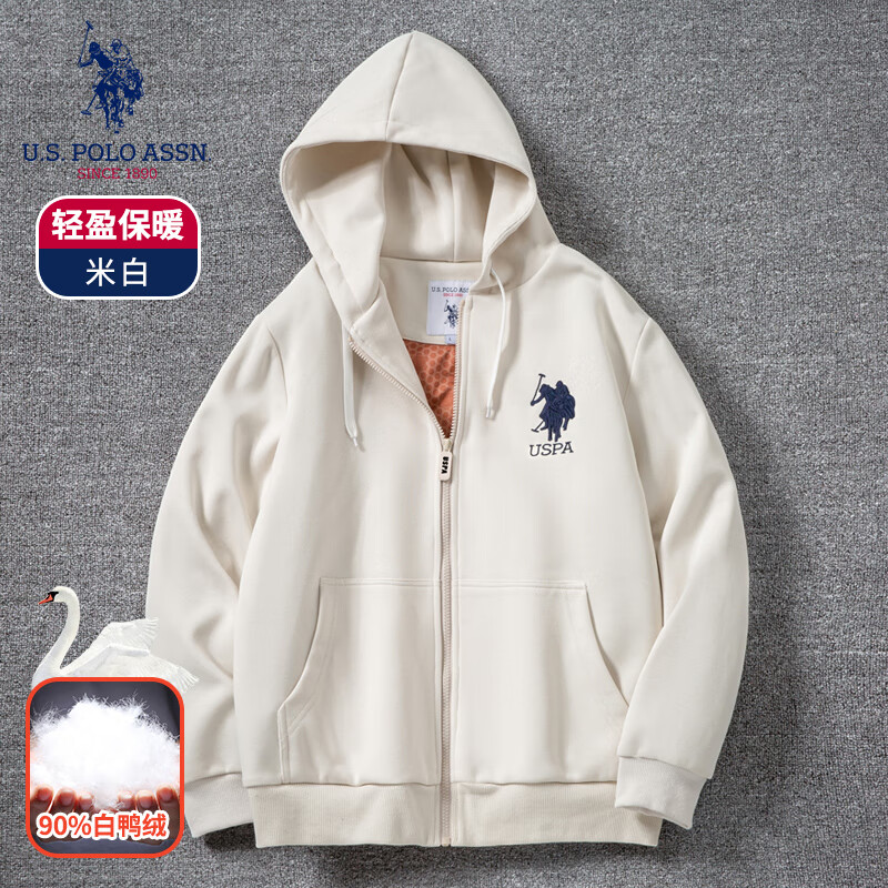 U.S. POLO ASSN.保罗开衫羽绒卫衣男士连帽春秋季上衣百搭纯色青年拉链外套男装 米白 XL