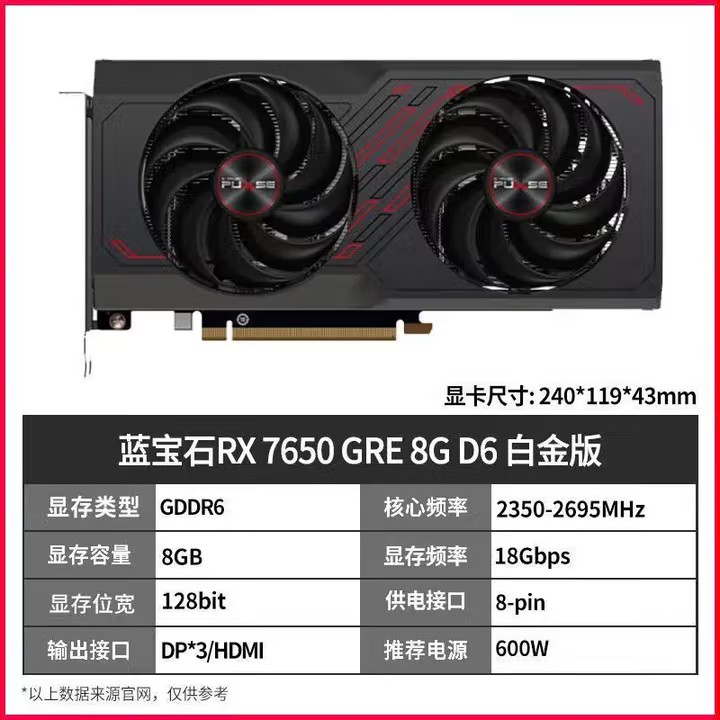 蓝宝石RX 7650 GRE 白金/极地/黑钻 台式机高性能独立游戏显卡