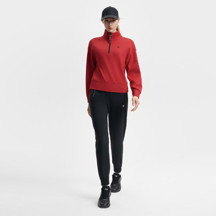 FILA 【抗菌】女装运动卫衣女士宽松简约立领百搭长袖针织套头衫