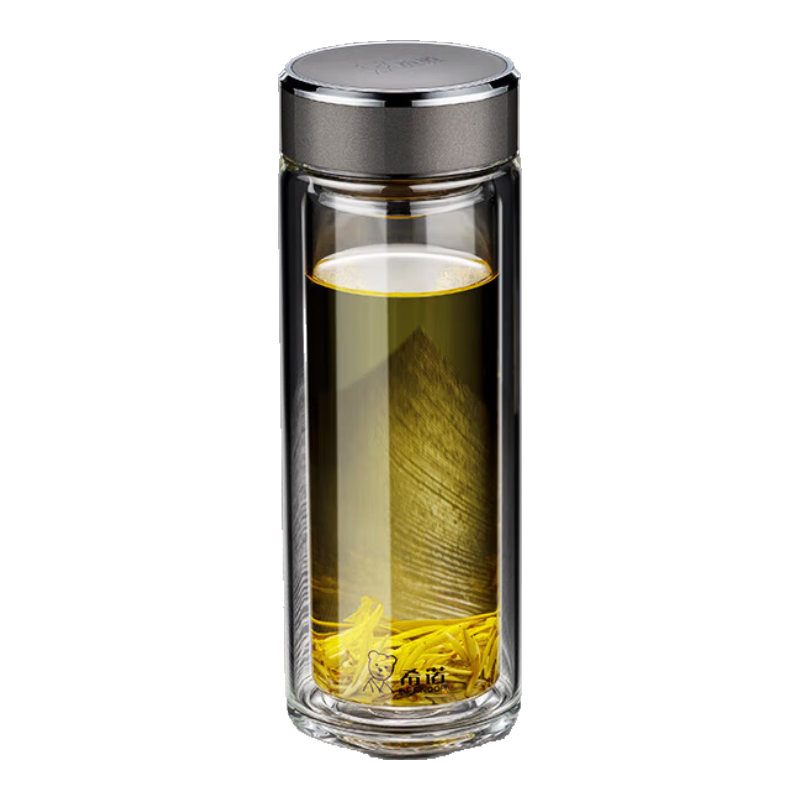 希诺双层玻璃杯2025带盖过滤茶杯男女士泡茶杯车载水杯 殿堂银色-360ml