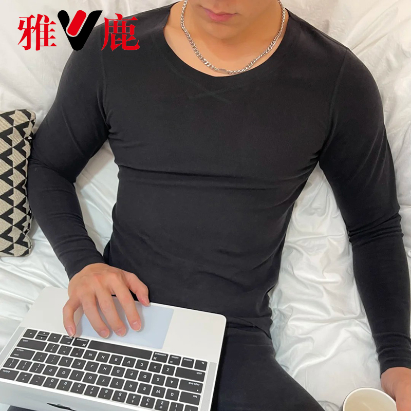 yaloo/雅鹿秋冬保暖套装秋衣秋裤男女长袖圆V领双面绒居家简约A03