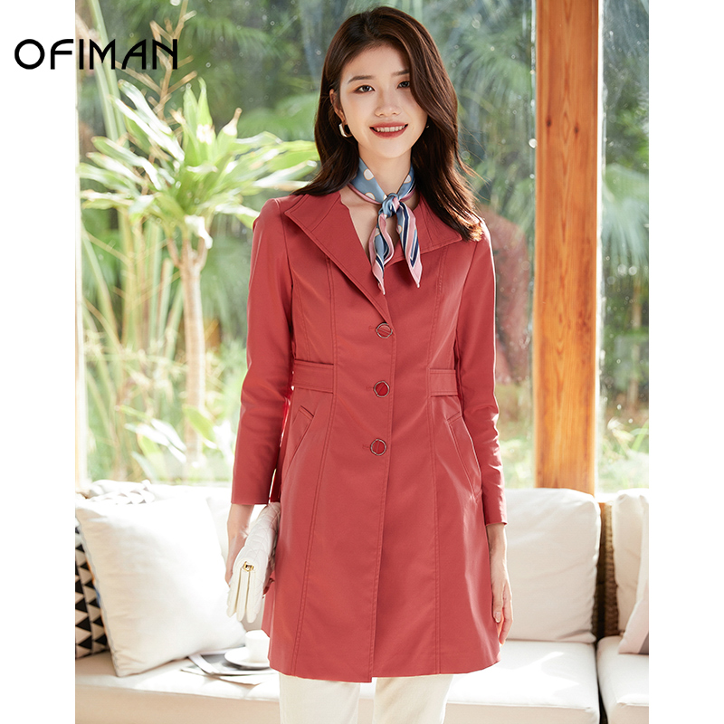 Ofiman2024春秋季长袖通勤上衣时尚显瘦气质单排扣风衣外套女