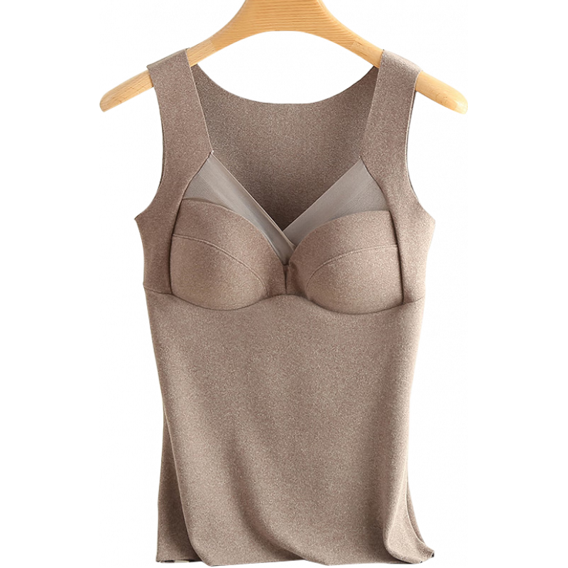雅鹿保暖背心女德绒女士内搭秋冬季加绒无痕一体式带胸垫无袖上衣打底 棕灰色 XL (80-110斤)