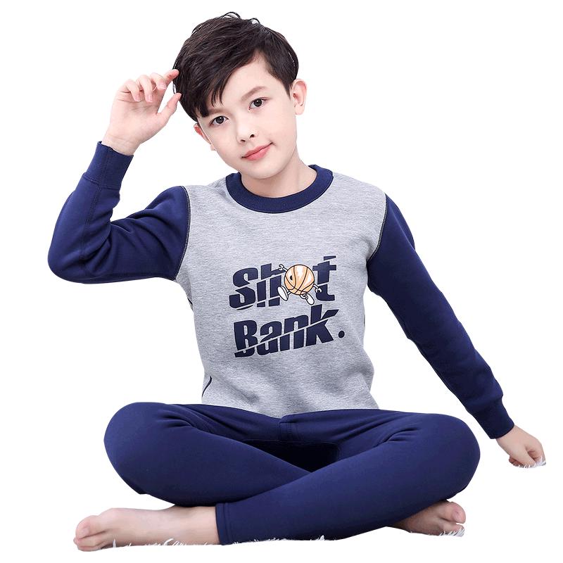 恒源祥儿童保暖内衣套装 男童加绒加厚款秋衣秋裤青少年学生保暖睡衣家居服两件套 藏青灰160