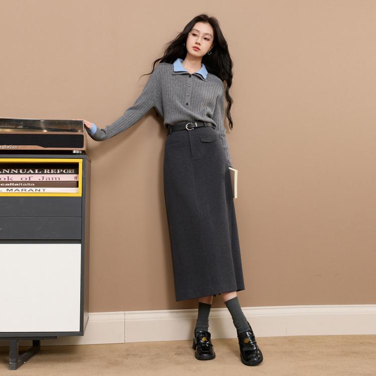 三彩 【六好早八裙】2025秋冬高级感通勤半身裙直筒裙开叉长裙Z