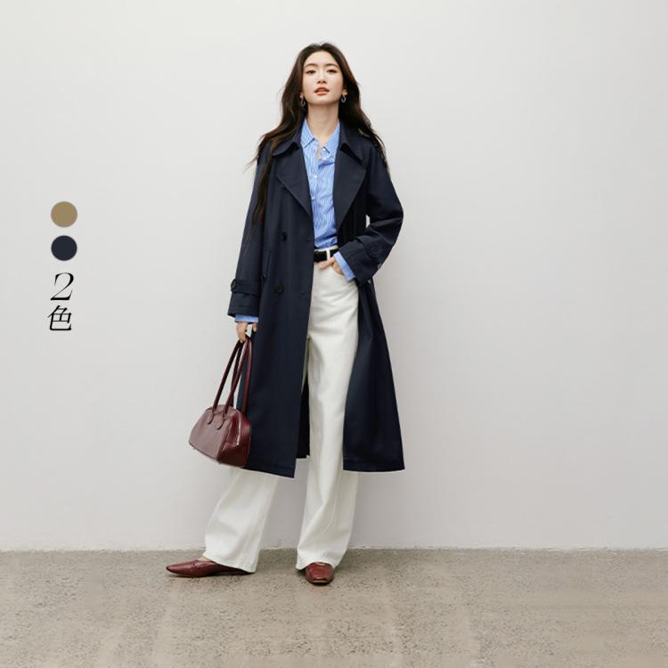 红袖 2025秋季女装英伦风系带双排扣插肩袖翻驳领风衣外