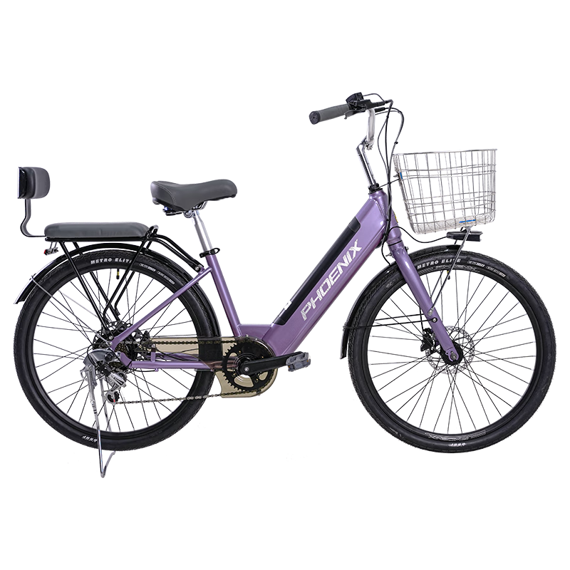 凤凰（Phoenix）26寸电动车可取锂电池电动助力自行车大车筐城市通勤电动车 36V速度版/26寸辐条轮/7速线碟/双梯/贵妃紫 15AH电动续航约45公里