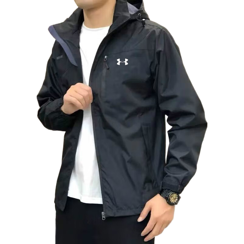 安德玛（Under Armour）UA薄款冲锋衣夹克男士春秋户外连帽可拆卸帽运动防风登山外套 黑色-春秋款 可拆卸帽