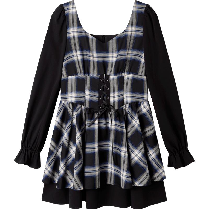 甜辣绑带连衣裙春秋收腰格子裙