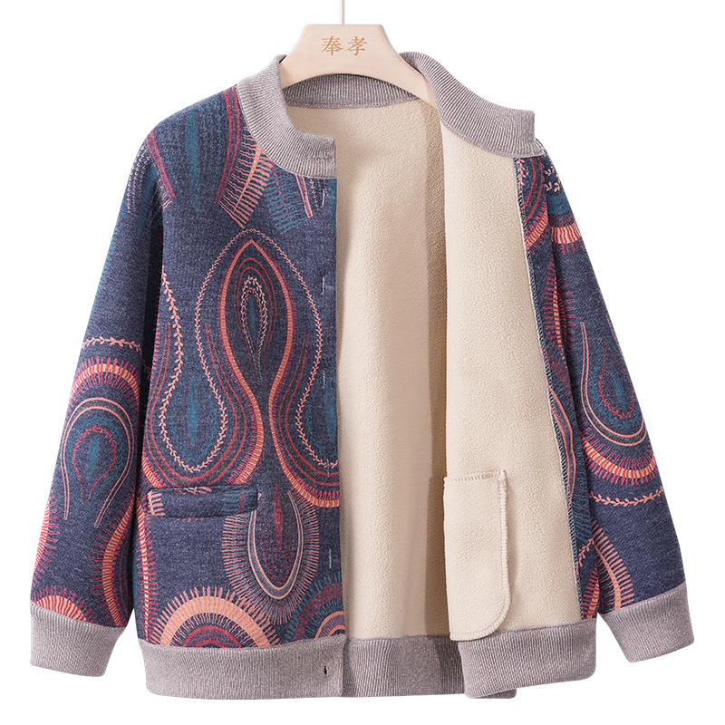 奉孝冬装外套2025中年妇女针织上衣中老年人秋冬加绒毛衣开衫 花纹蓝色 3XL (115-130斤)