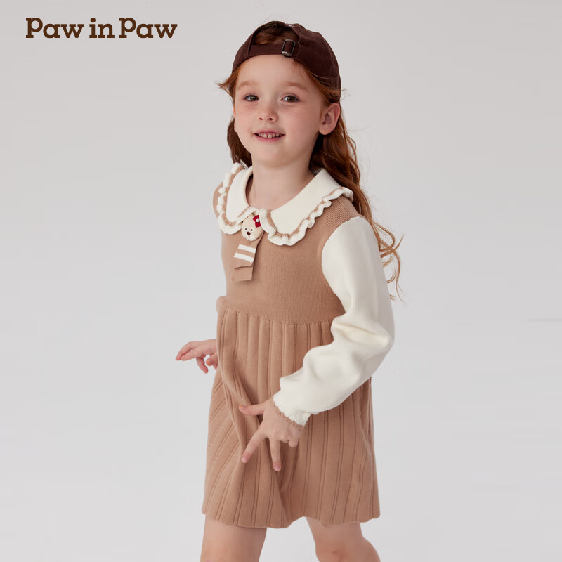 PawinPaw卡通小熊童装秋冬女童假两件毛织连衣裙甜美 Beige米色/35 1