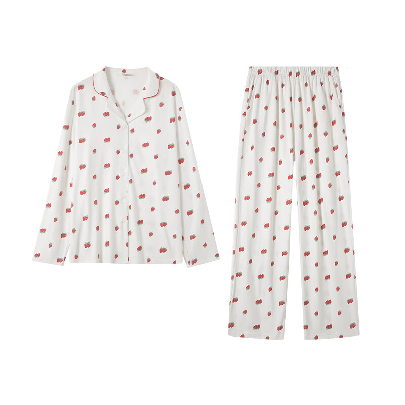 有棵树女士睡衣女可爱草莓印花长袖长裤春秋季家居服套装带杯睡裙 【家居服】米白 XL